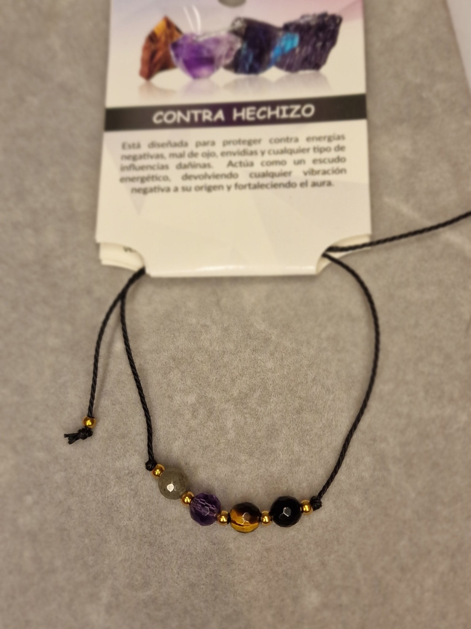 Pulsera Contra Hechizo de minerales naturales, ojo de tigre, labradorita, amatista y obsidiana. 